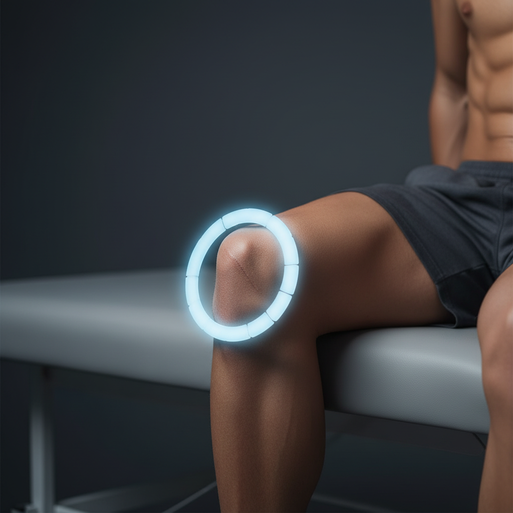 PEMF therapy ring around a knee with ACL surgical scar