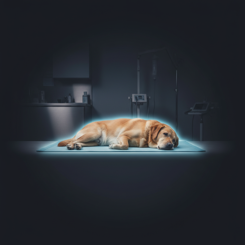 Labrador dog resting on a PEMF therapy mat