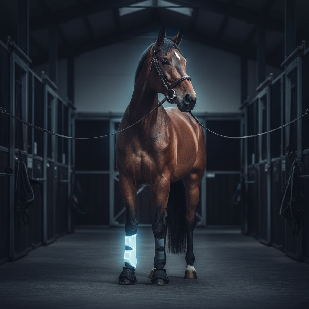 Competition horse with PEMF therapy boot wrapped on front leg