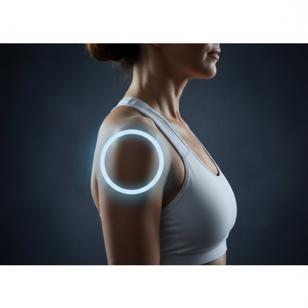 Glowing PEMF therapy ring around a shoulder in a clinical setting