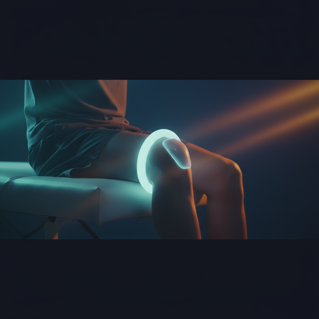 Glowing PEMF therapy ring around a knee in a clinical setting