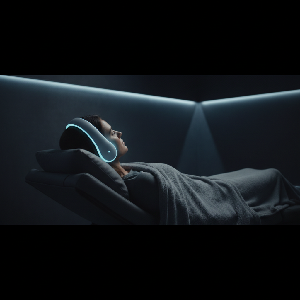 PEMF therapy applicator near the head in a calm relaxation room