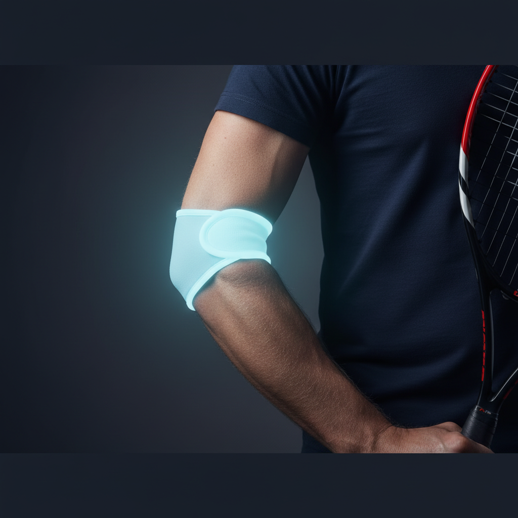Glowing PEMF therapy band wrapped around an athlete's elbow